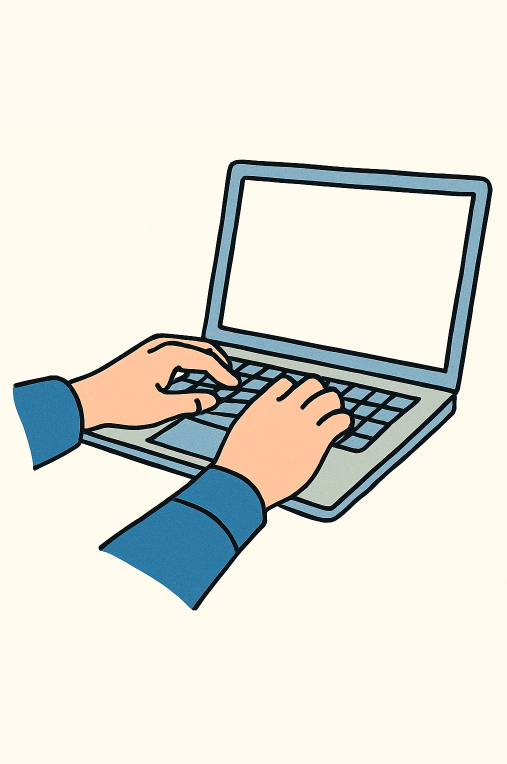 Enroll in Medicare Online – Step 3 Visual Guide Close-up of senior hands typing on a computer keyboard to enroll in Medicare, drawn in a flat instructional airline safety card style.